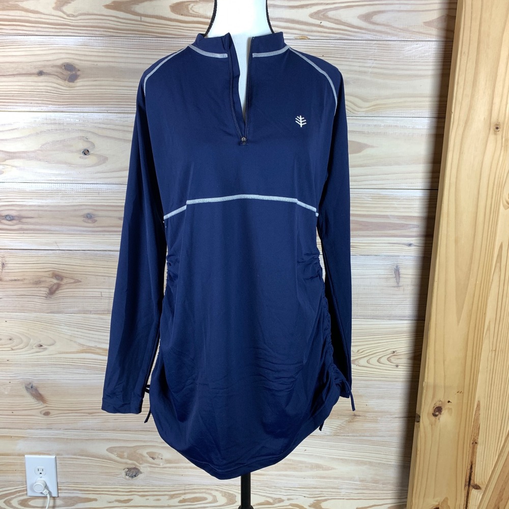 Coolibar Swim Tunic Dress Women L Navy Lawai Ruche UPF 50+ Rash Guard Sun Resort